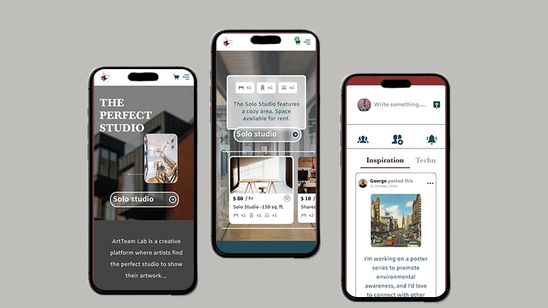 three different screens from each homepage, event page, and community page 