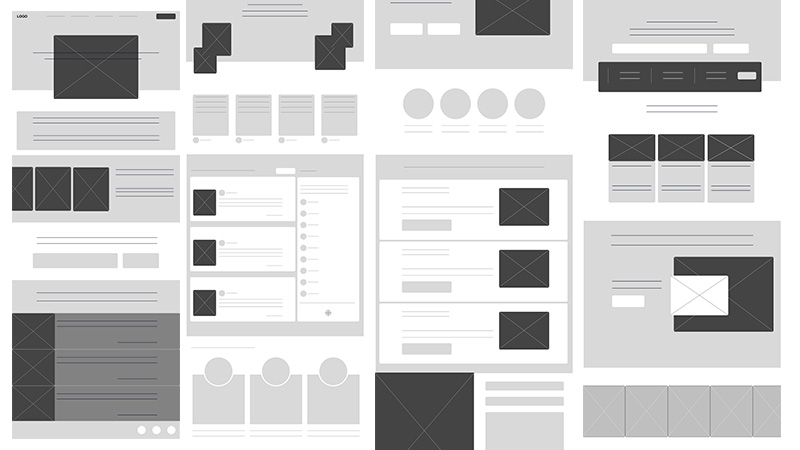 collection of black and white layout, showing the low fidelity design